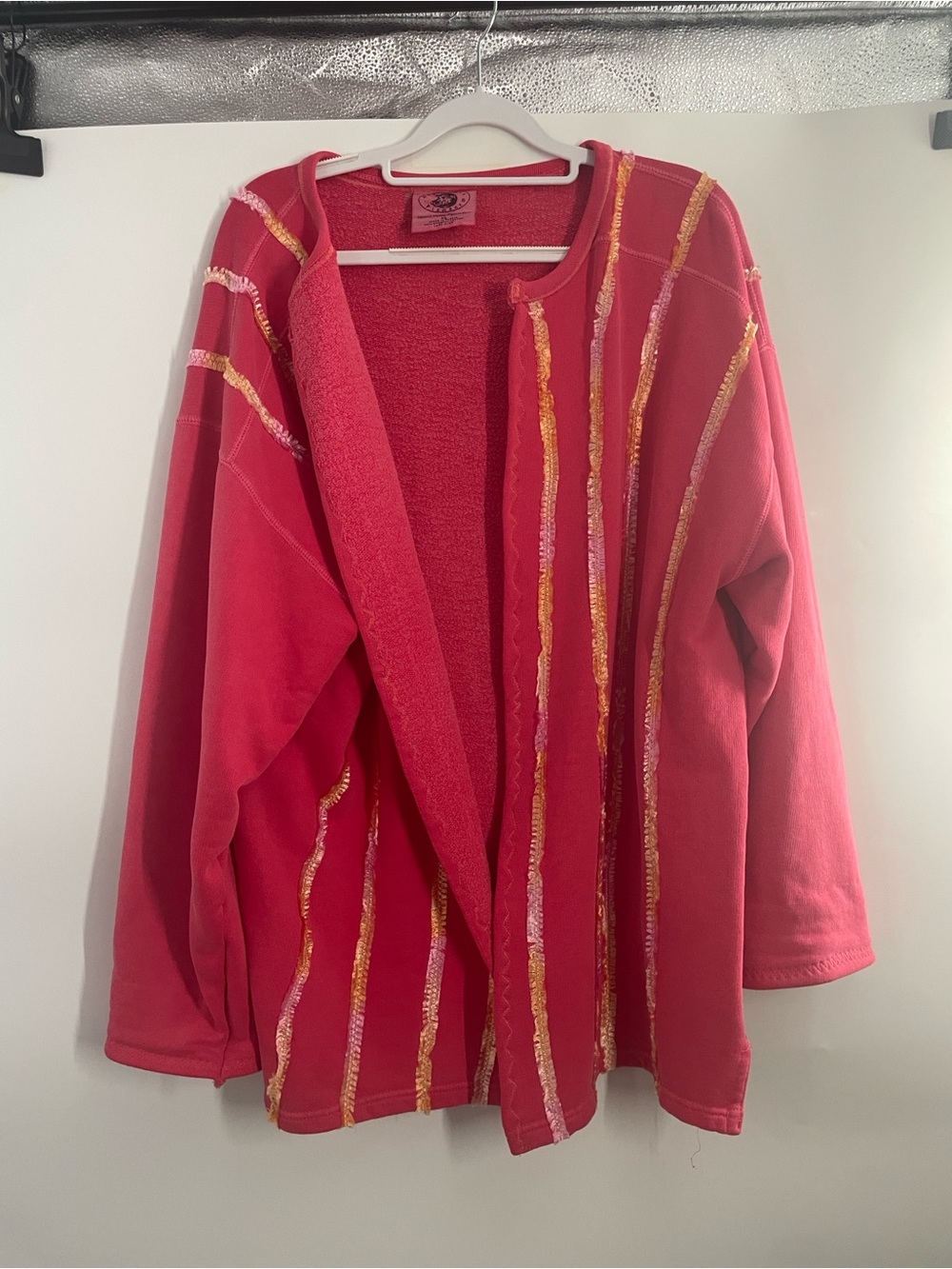 Authentic Pigment Dyed Cotton Open-Front Red Sweater with Textured Stripe Detail